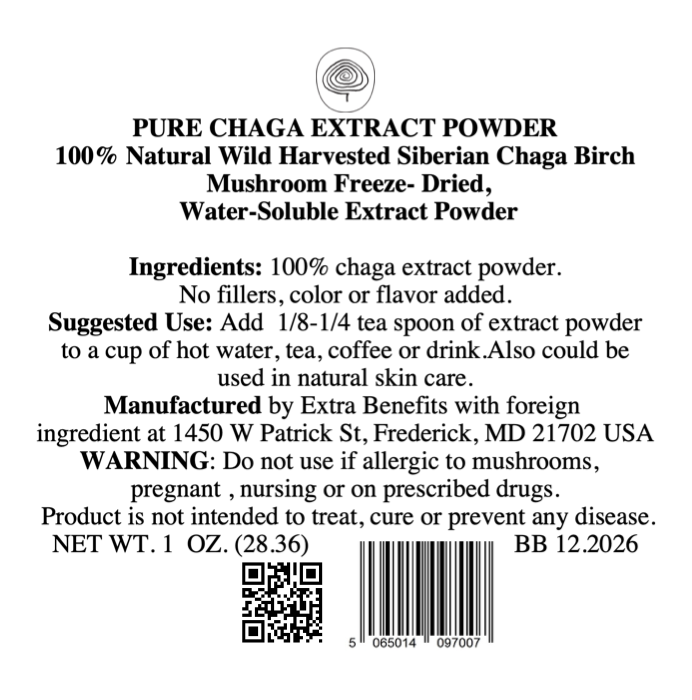 PURE SIBERIAN CHAGA Freeze-Dried Extract Powder 1 oz