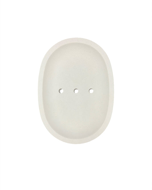 MINIMALIST OVAL WHITE CEMENT SOAP TRAY  5" X 3 1/2" X 3/4"