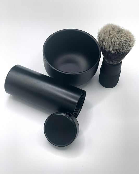 TRAVEL STAINLESS STEEL BLACK SHAVING SET OF 2:   SHAVING BOWL 3” X 2 “& SHAVING BRUSH WITH SYNTHETIC KNOTS